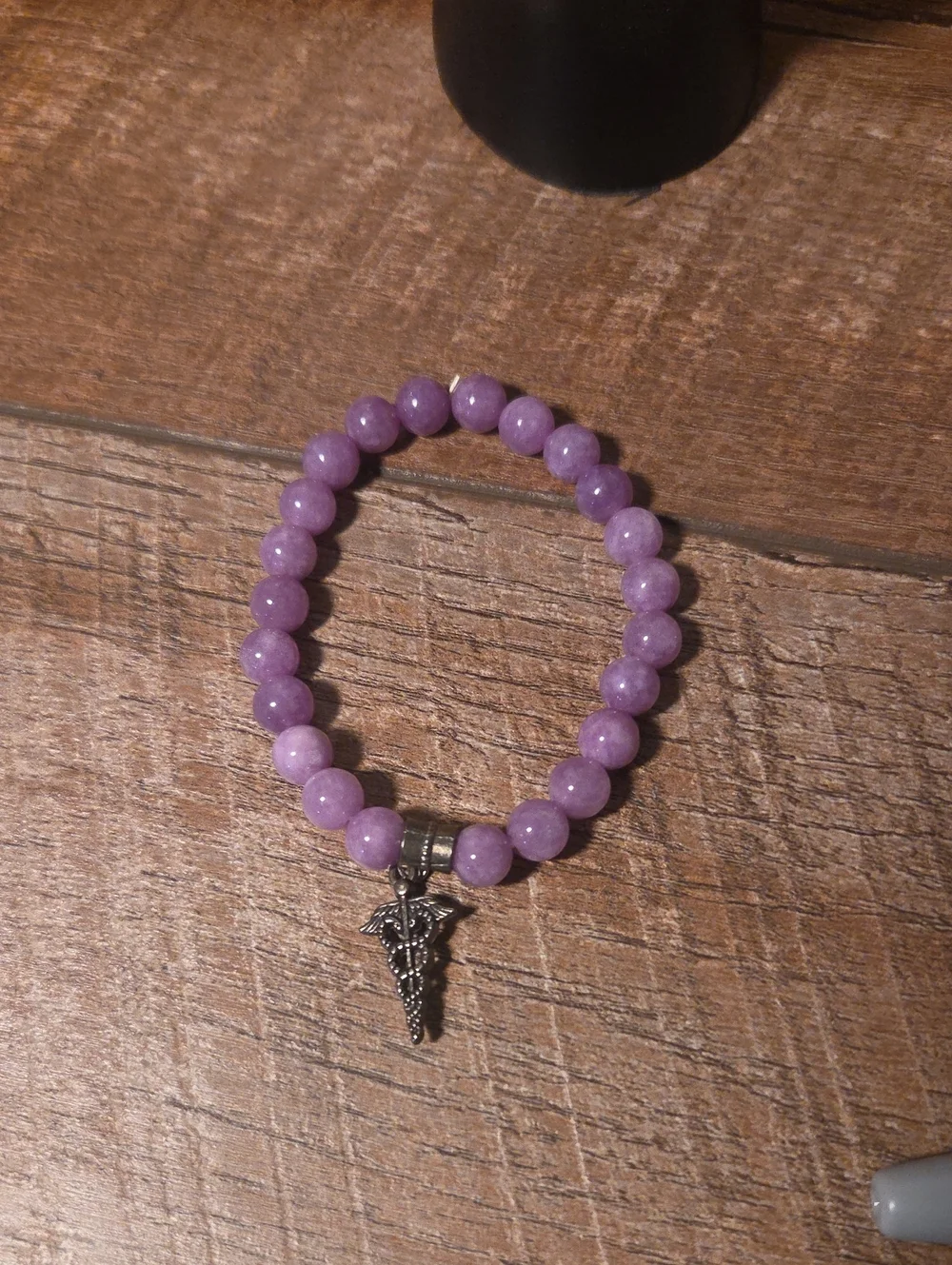 Lavender Beaded Bracelet With Medical Caduceus Symbol Charm